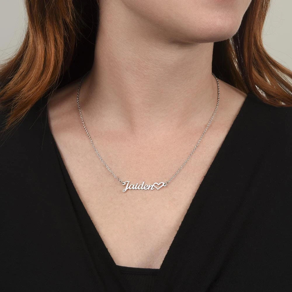 polished stainless steel Custom Name Necklace with Heart for Her showcase on neck