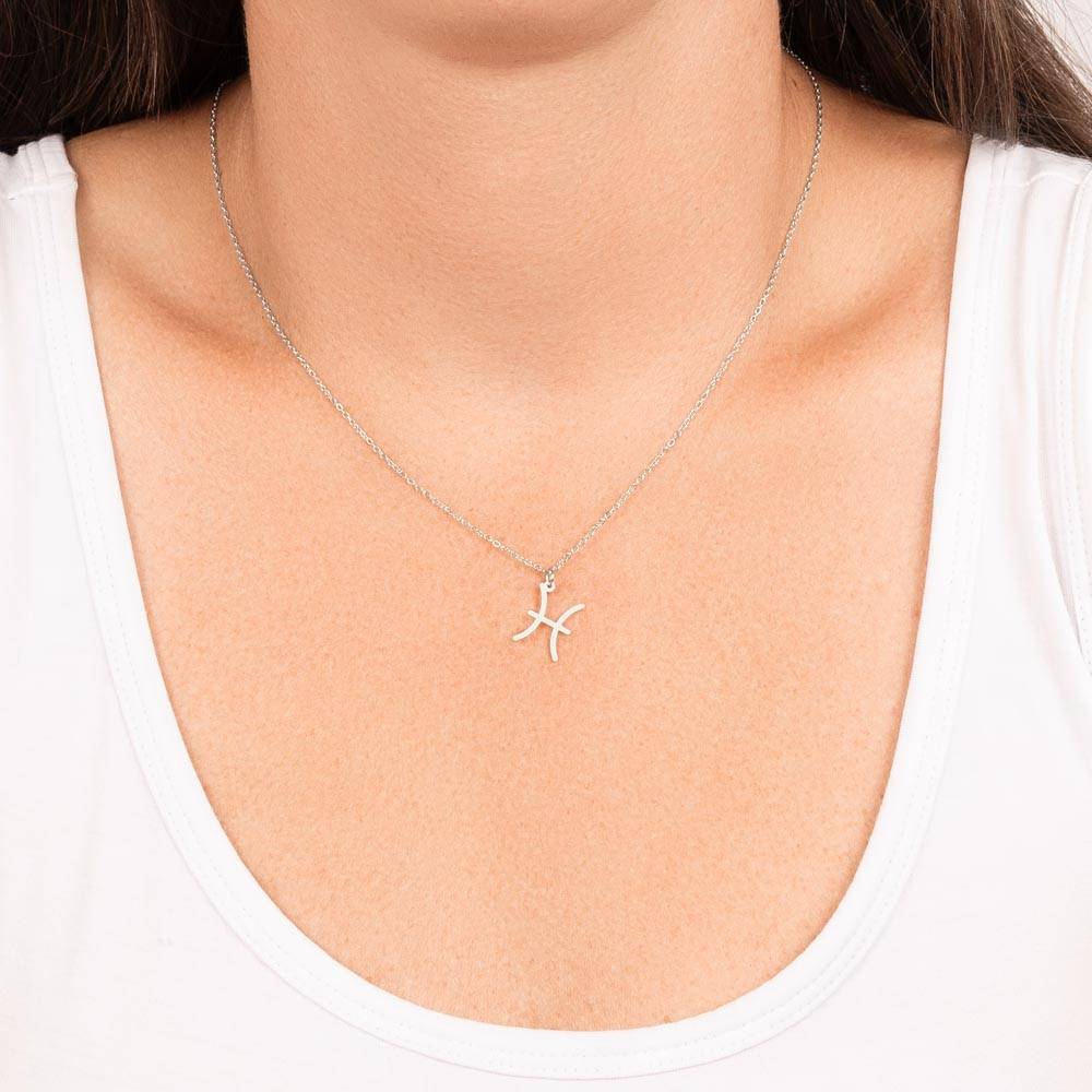 polished stainless steel Pisces zodiac sign necklaces showcase on neck