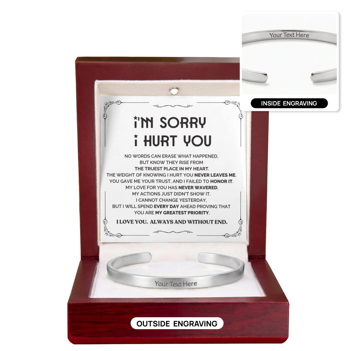 polished stainless steel custom both sides engraved cuff bracelet luxury box