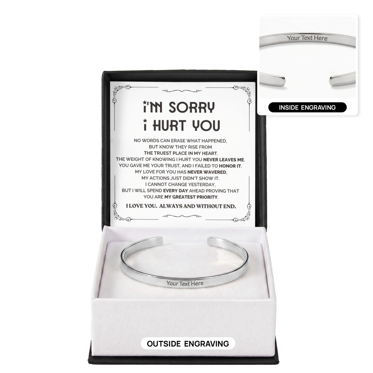 polished stainless steel custom both sides engraved cuff bracelet standard box