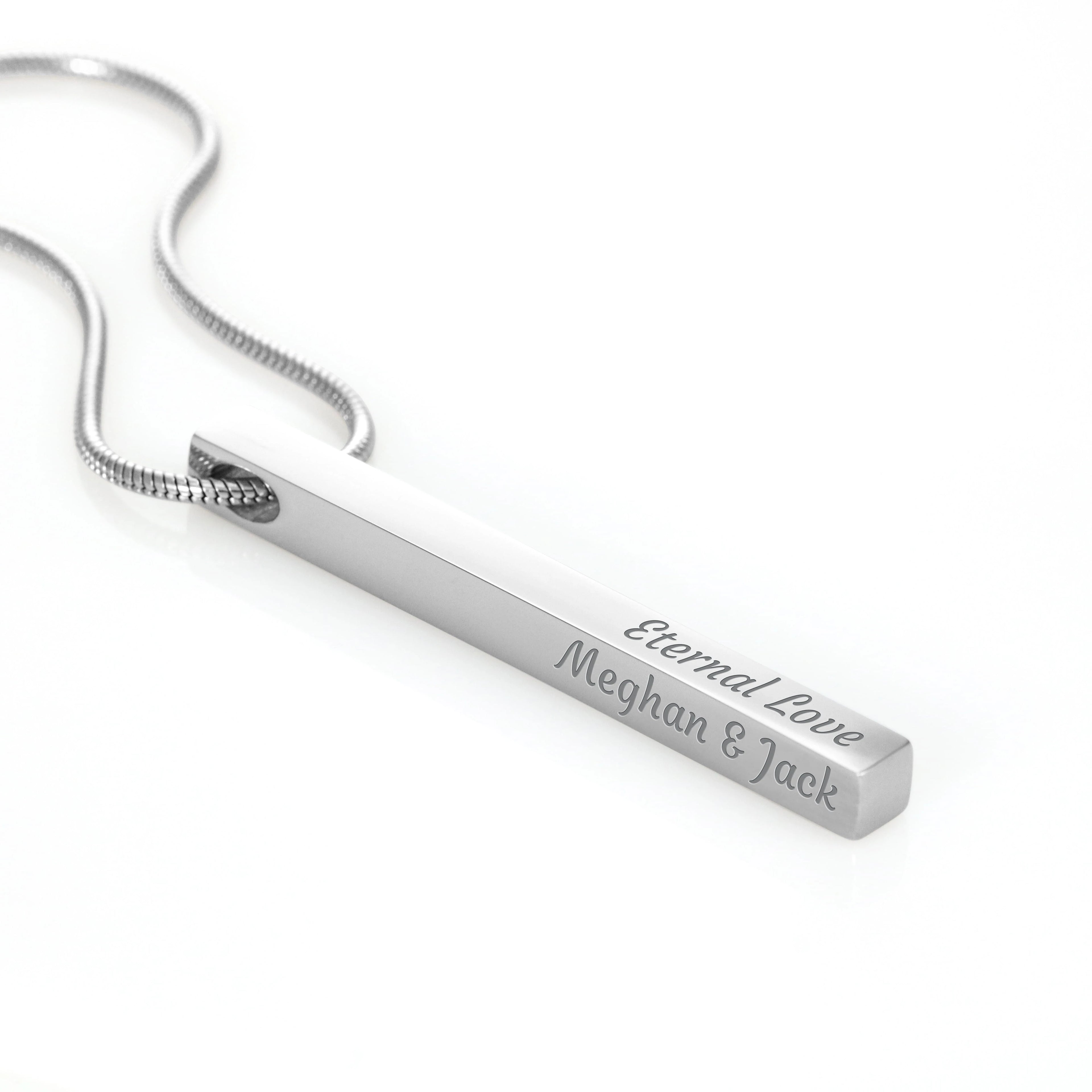 polished stainless steel custom engraved 4-sided bar necklace