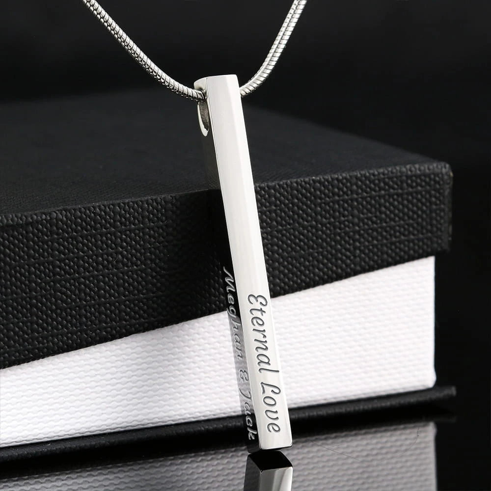 polished stainless steel custom engraved 4-sided bar necklace showcase