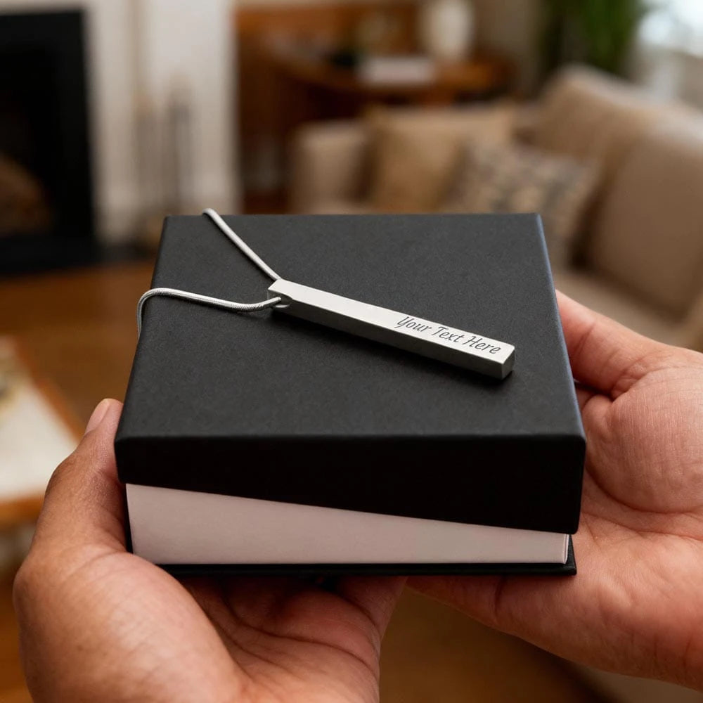 polished stainless steel custom engraved 4-sided bar necklace standard box