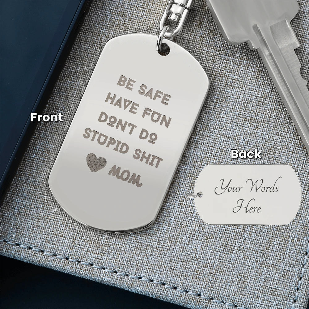 polished stainless steel custom engraved dog tag keychain for children be safe