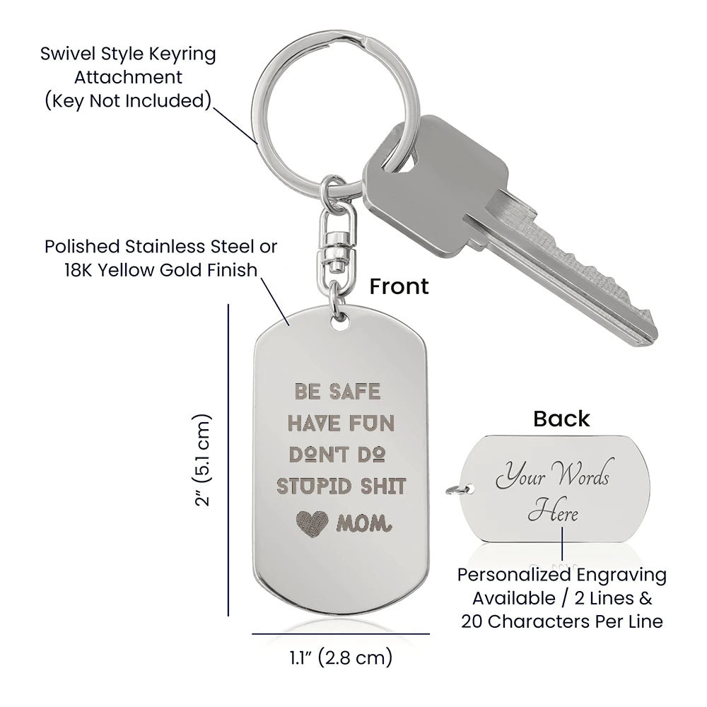 polished stainless steel custom engraved dog tag keychain for children be safe specifications
