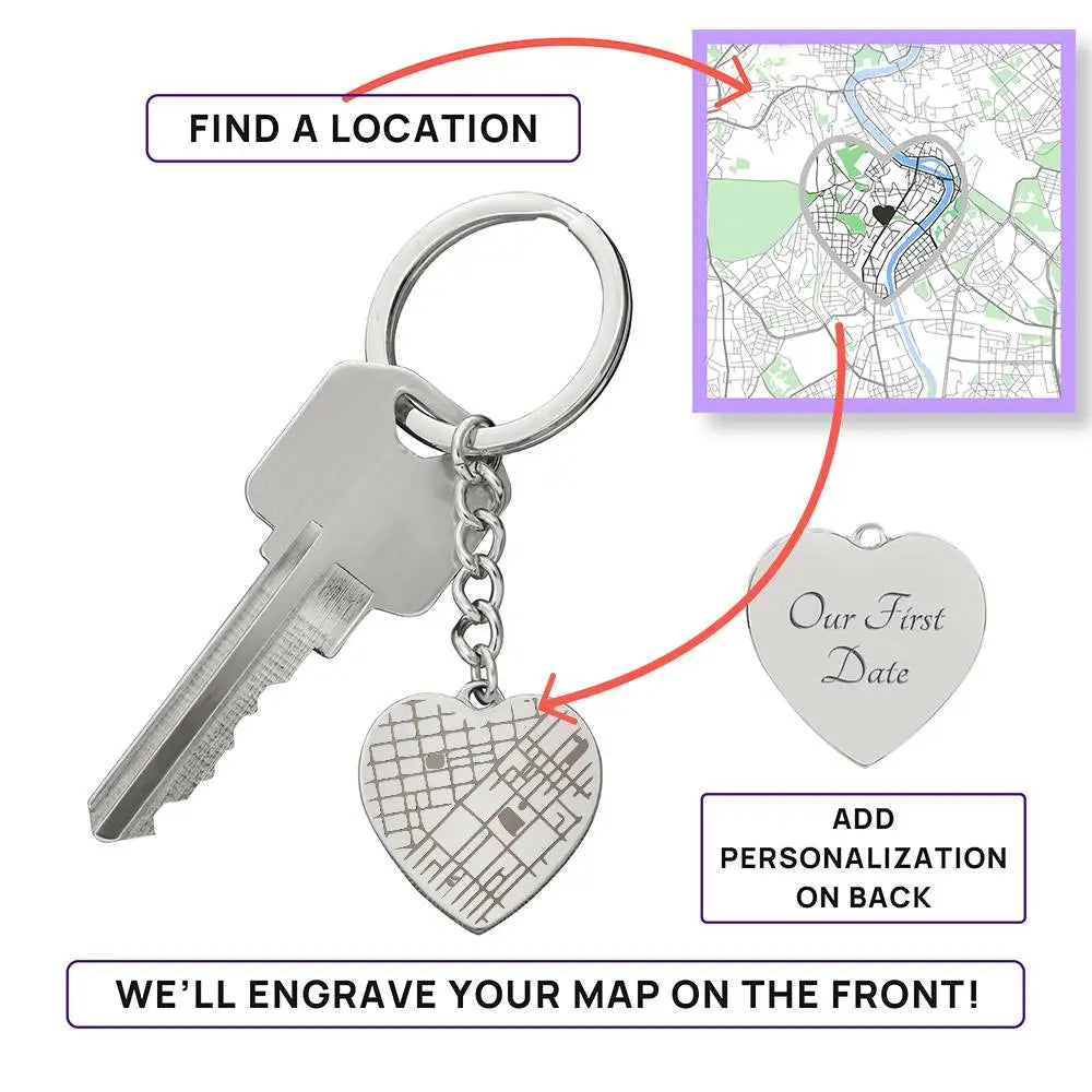 polished stainless steel custom engraved map heart keychain how it works