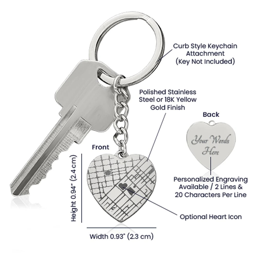 polished stainless steel custom engraved map heart keychain specifications