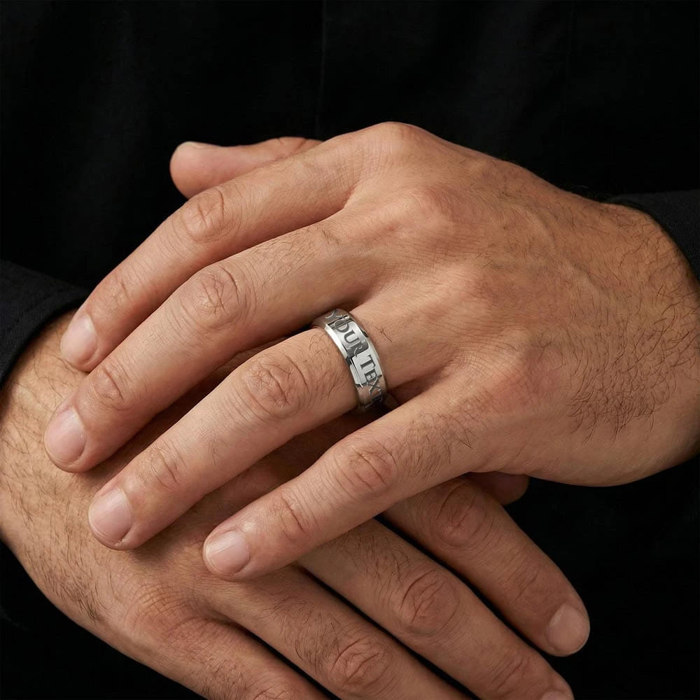 polished stainless steel custom engraved men's ring showcase
