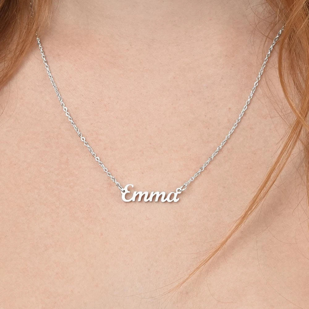 polished stainless steel custom name necklace fo her showcase on neck