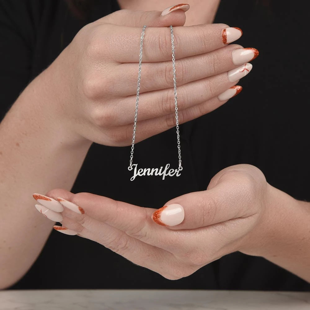 polished stainless steel custom name necklace i am sorry showcase in hand