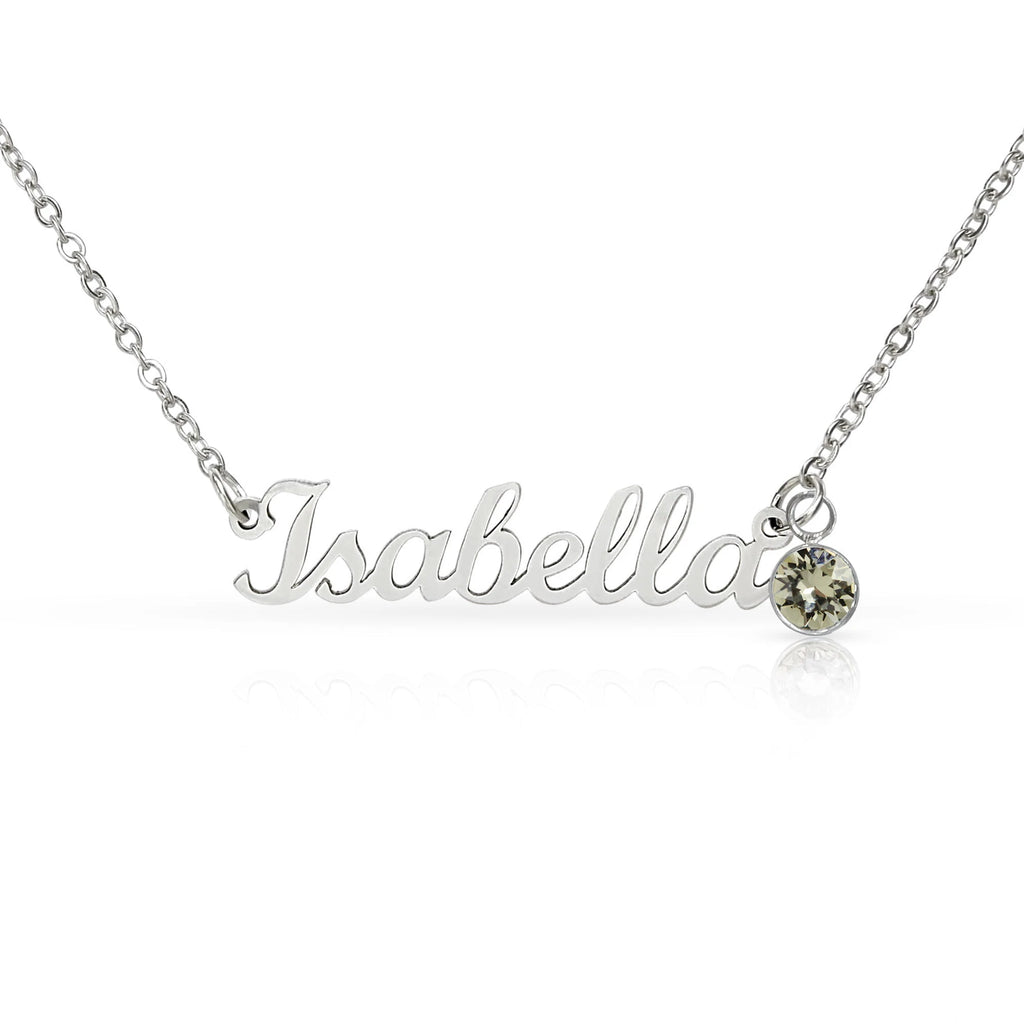 polished stainless steel custom name necklace with April birthstone for her