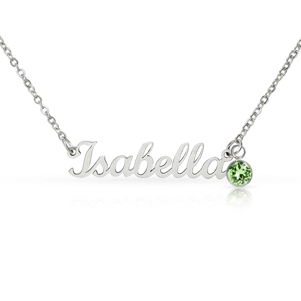 polished stainless steel custom name necklace with August birthstone for her