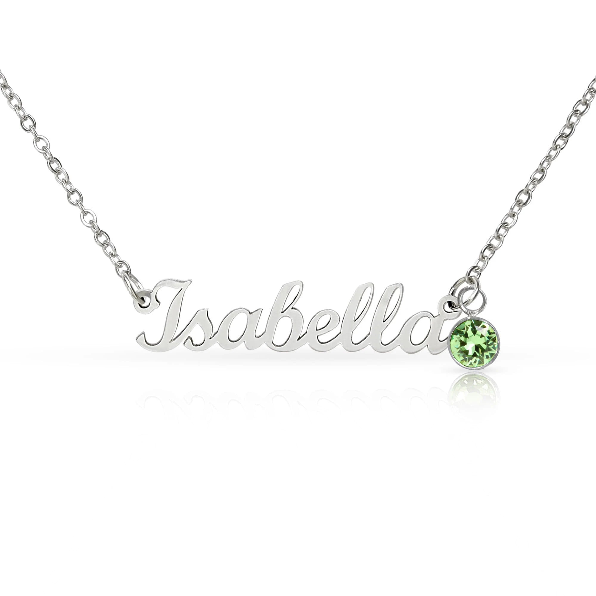 polished stainless steel custom name necklace with August birthstone for her