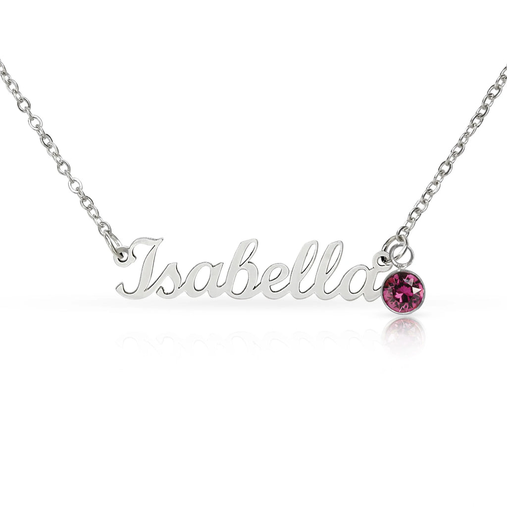 polished stainless steel custom name necklace with February birthstone for her