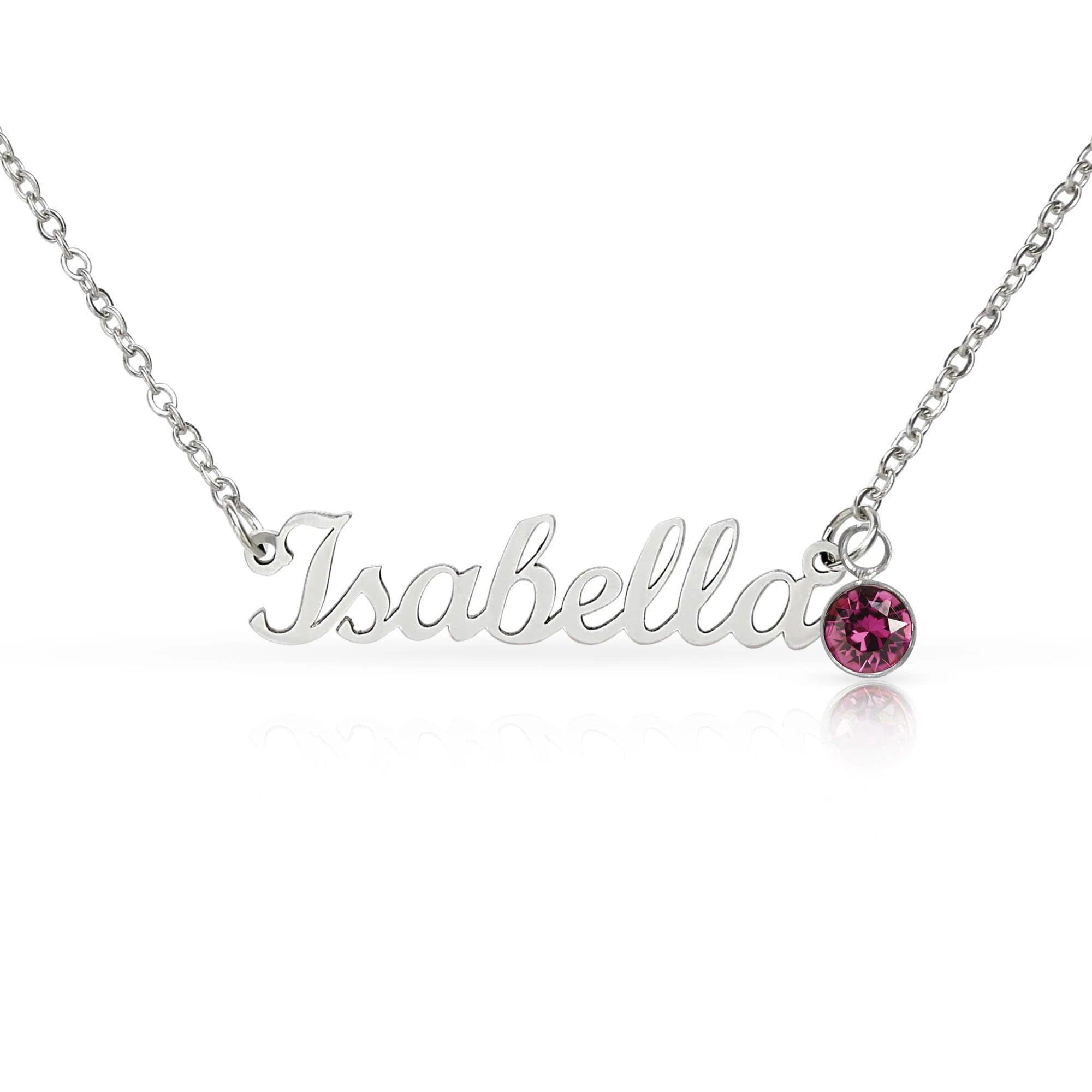 polished stainless steel custom name necklace with February birthstone for her