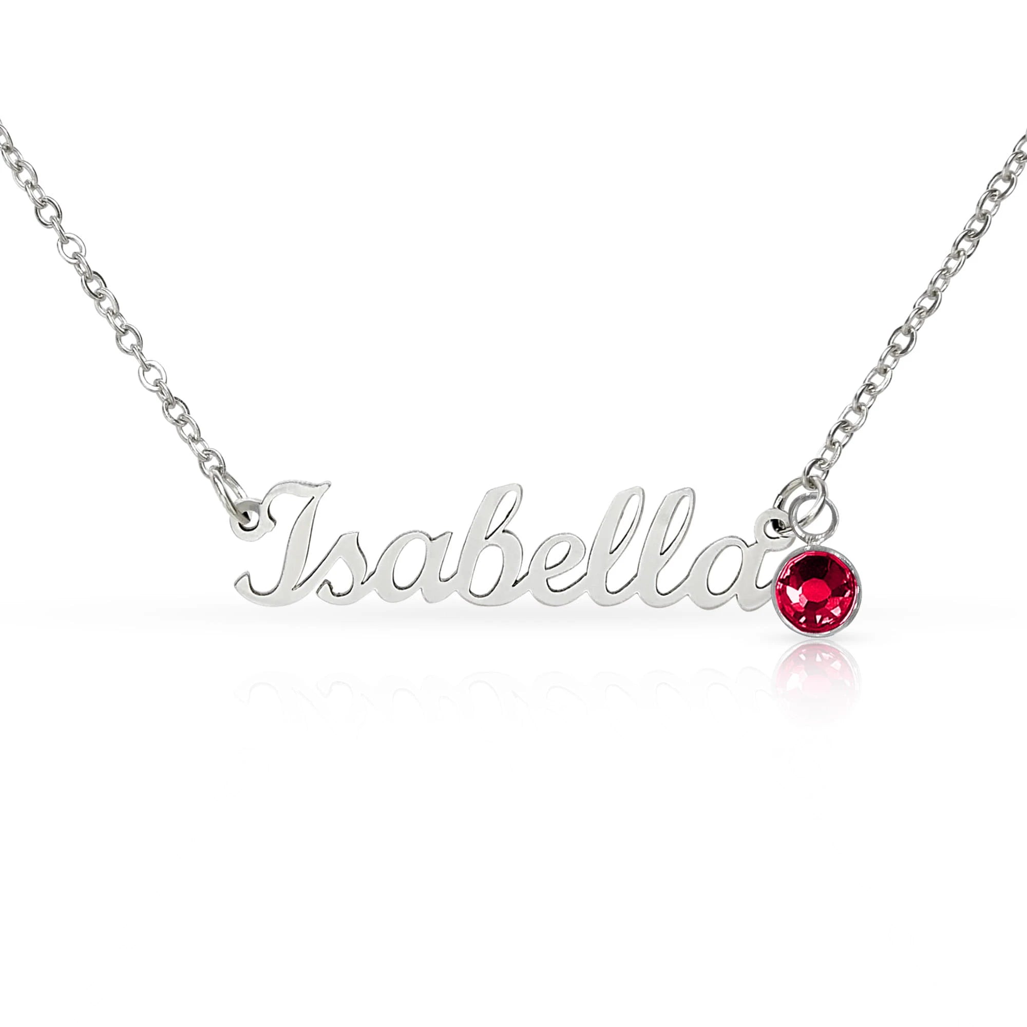 polished stainless steel custom name necklace with July birthstone for her