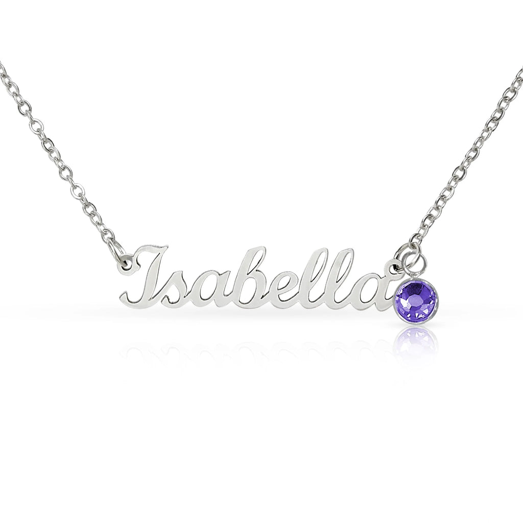 polished stainless steel custom name necklace with June birthstone for her