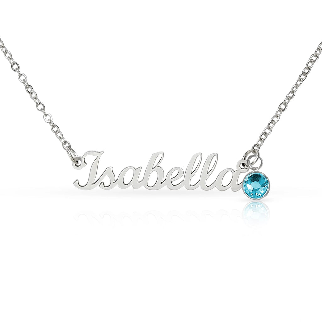 polished stainless steel custom name necklace with March birthstone for her