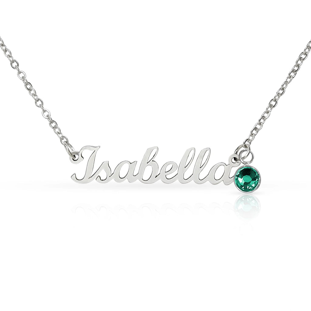 polished stainless steel custom name necklace with May birthstone for her