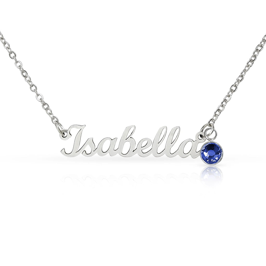 polished stainless steel custom name necklace with October birthstone for her