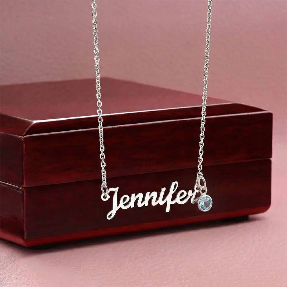 polished stainless steel custom name necklace with birthstone for her luxury box
