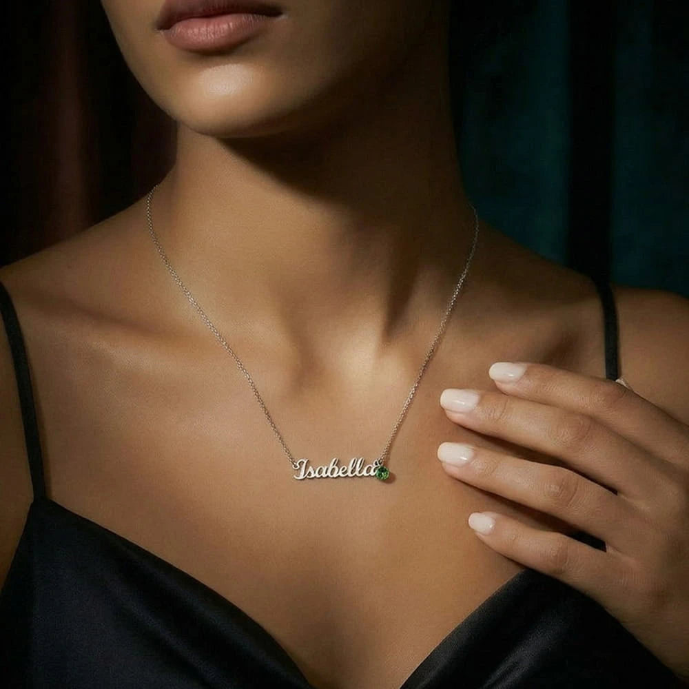 polished stainless steel custom name necklace with birthstone for her showcase on neck