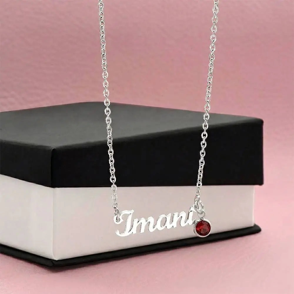 polished stainless steel custom name necklace with birthstone for her standard box