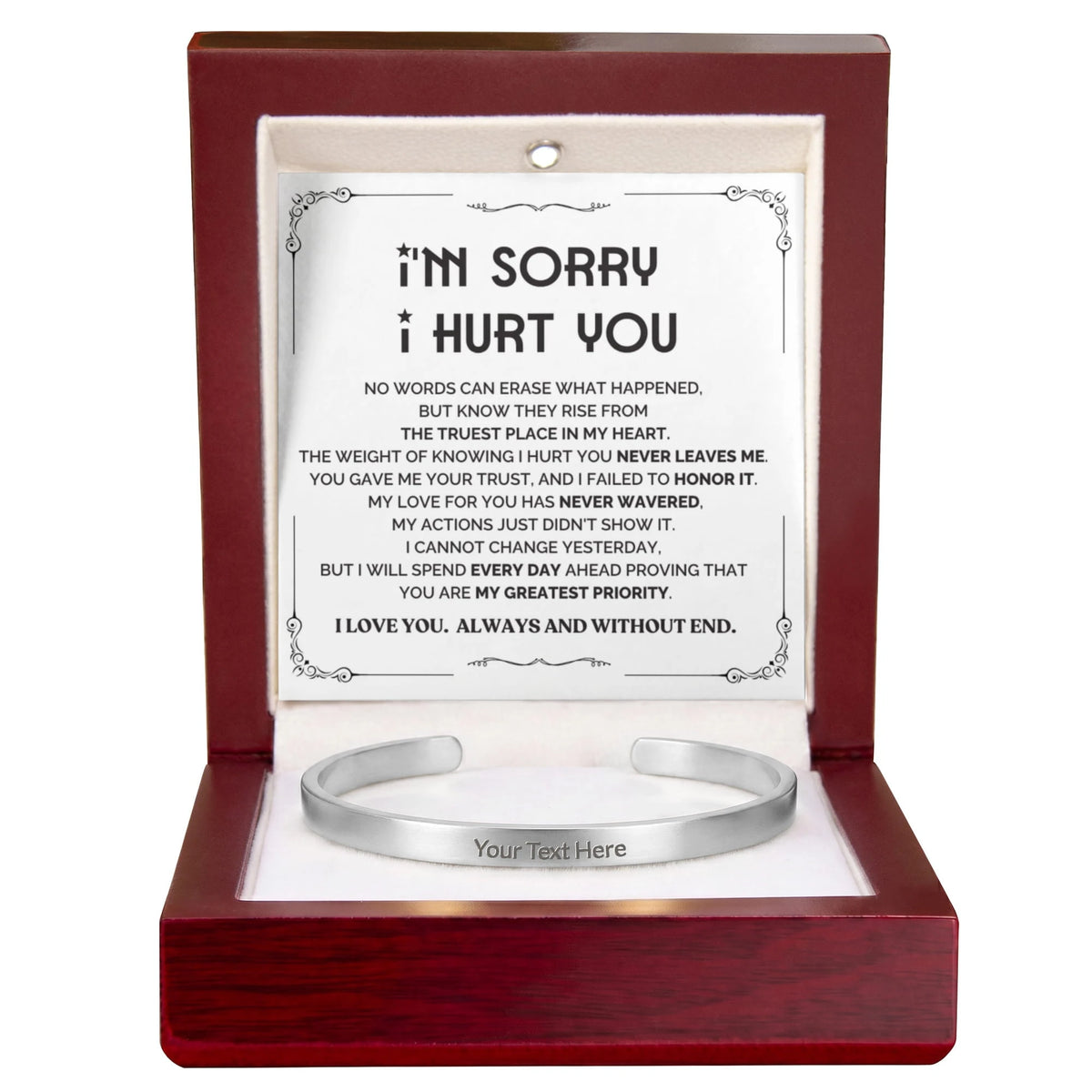 polished stainless steel custom outside engraved cuff bracelet luxury box