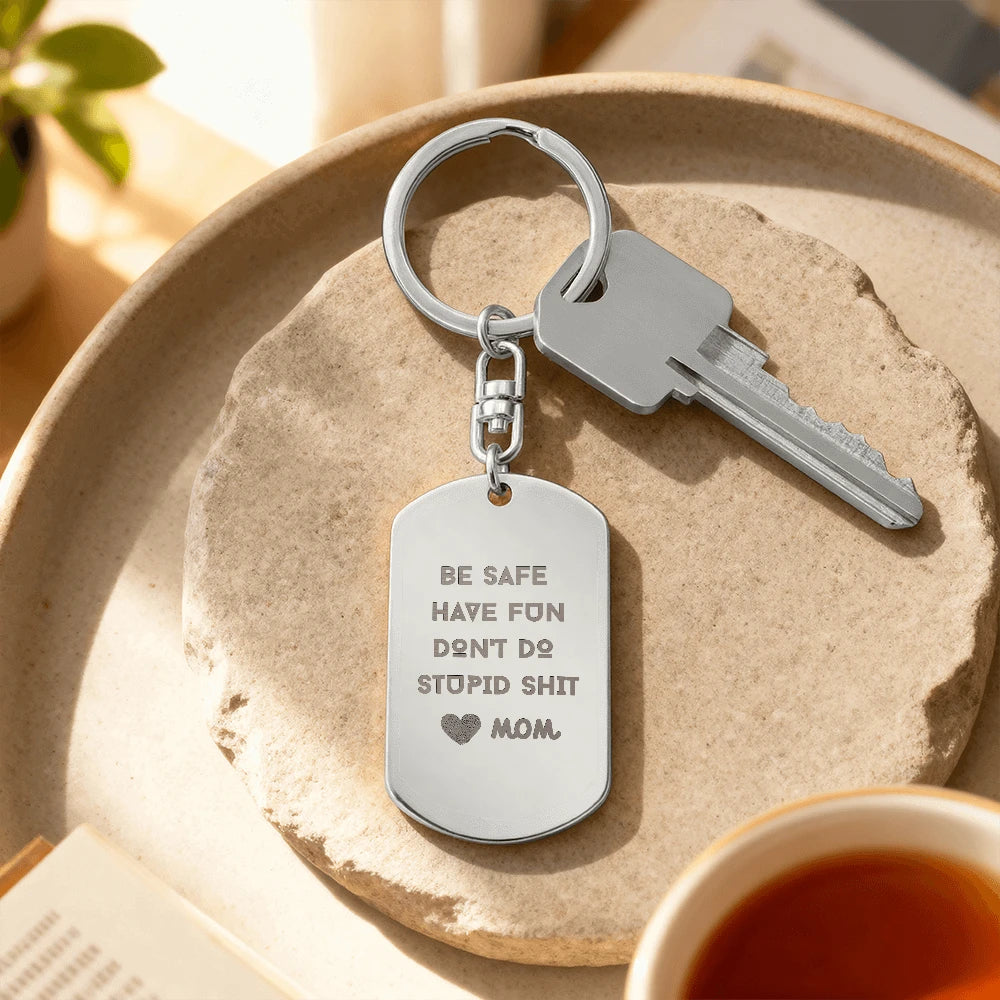 polished stainless steel engraved dog tag keychain for children be safe