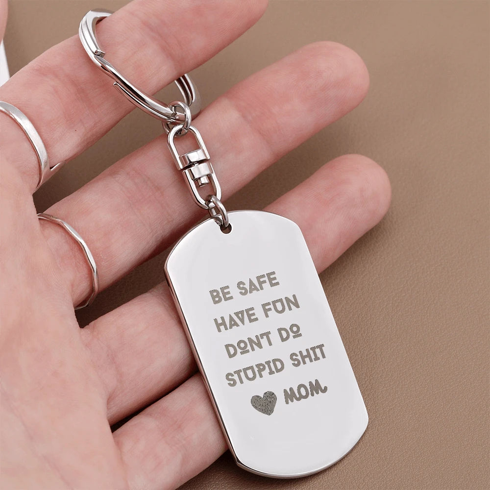 polished stainless steel engraved dog tag keychain for children be safe showcase