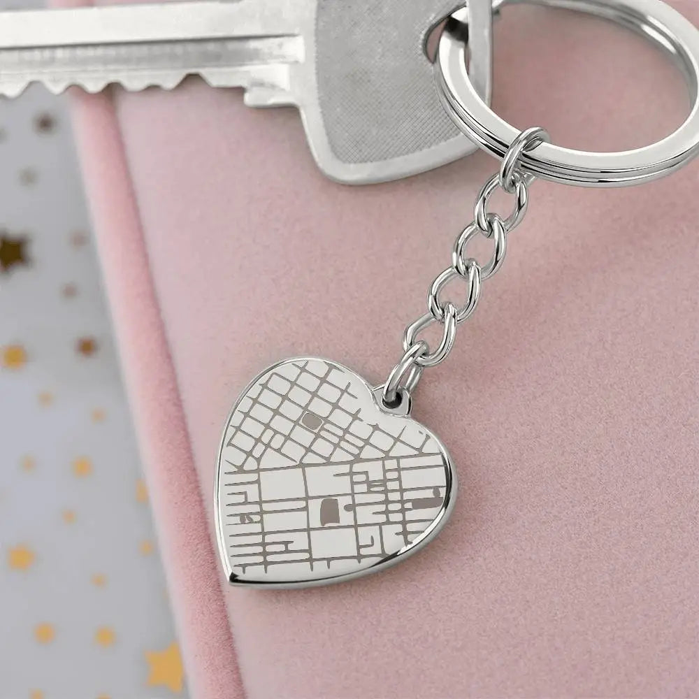 polished stainless steel engraved map heart keychain