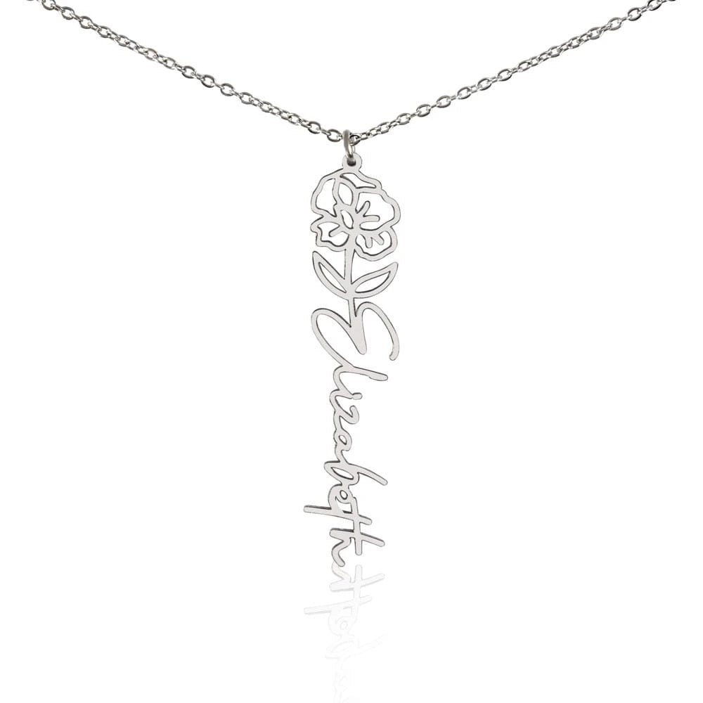 polished stainless steel personalized birth flower name necklace August poppy of the Valley for her