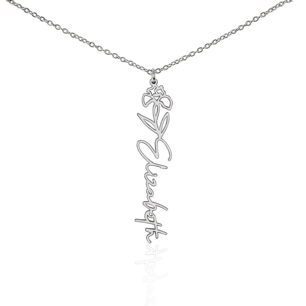 polished stainless steel personalized birth flower name necklace February Iris for her