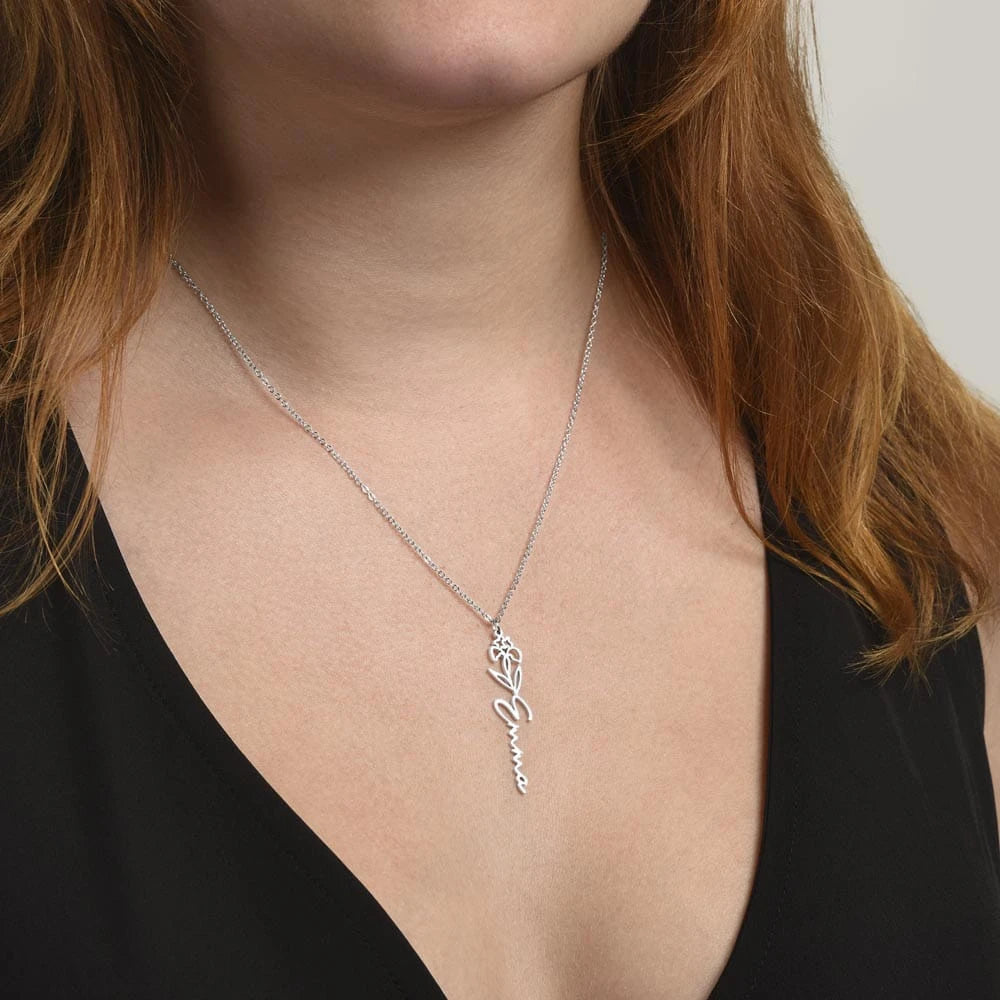 polished stainless steel personalized birth flower name necklace February Iris for her showcase on neck