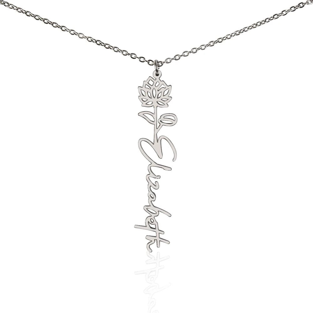 polished stainless steel personalized birth flower name necklace July Water Lily of the Valley for her