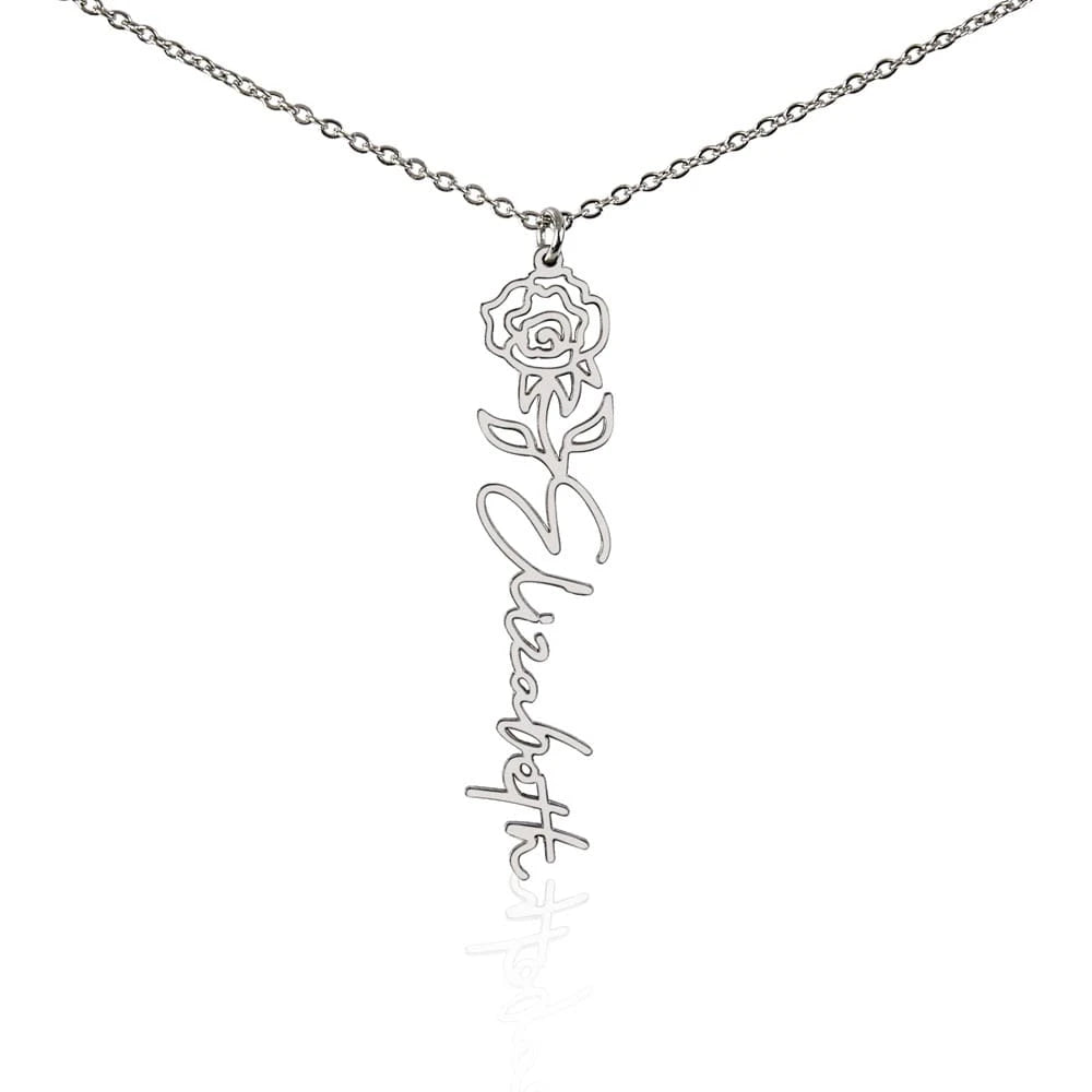 polished stainless steel personalized birth flower name necklace June Rose for her