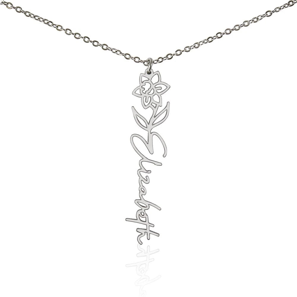 polished stainless steel personalized birth flower name necklace March Daffodil for her