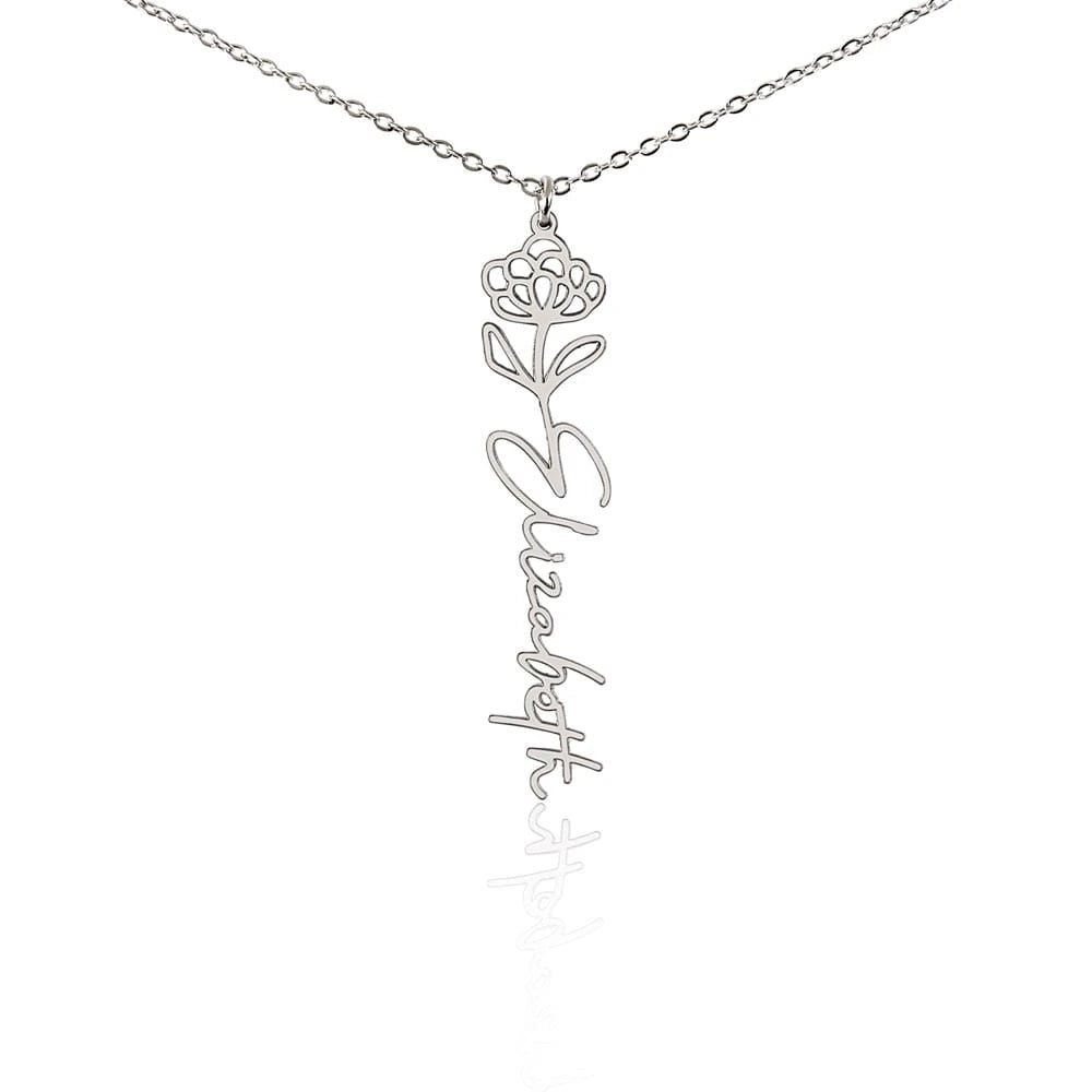 polished stainless steel personalized birth flower name necklace November Chrysanthemum for her