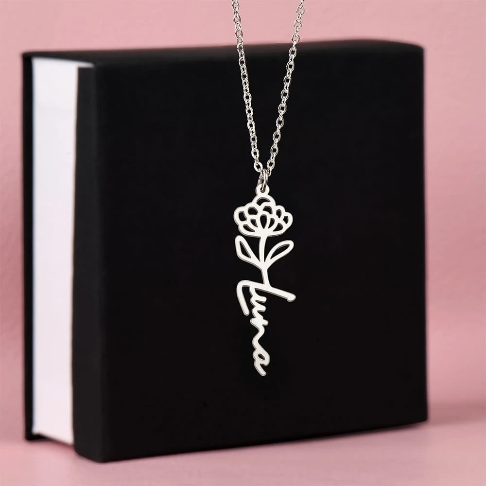 polished stainless steel personalized birth flower name necklace November Chrysanthemum for her standard box