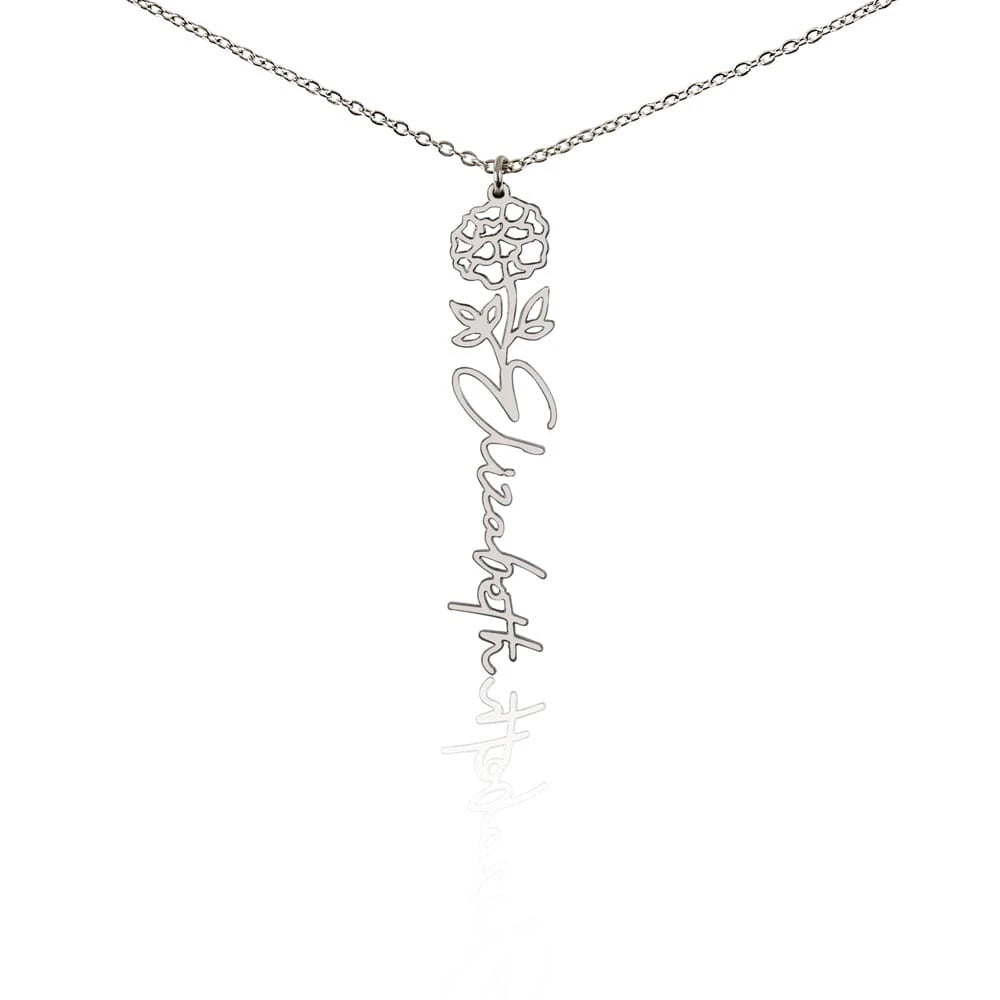 polished stainless steel personalized birth flower name necklace October Marigold for her