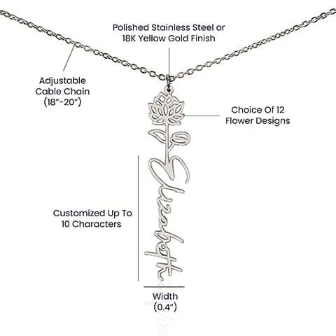 polished stainless steel personalized birth flower name necklace for her specifications