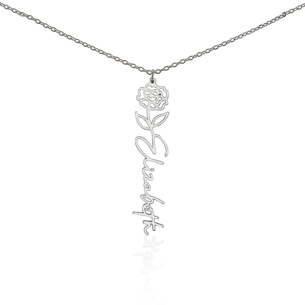 polished stainless steel personalized birth flower name necklace January Carnation for her