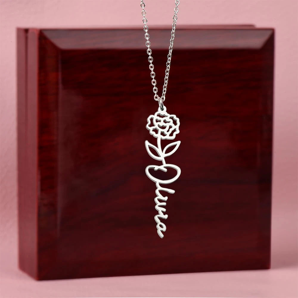 polished stainless steel personalized birth flower name necklace January carnation for her luxury box