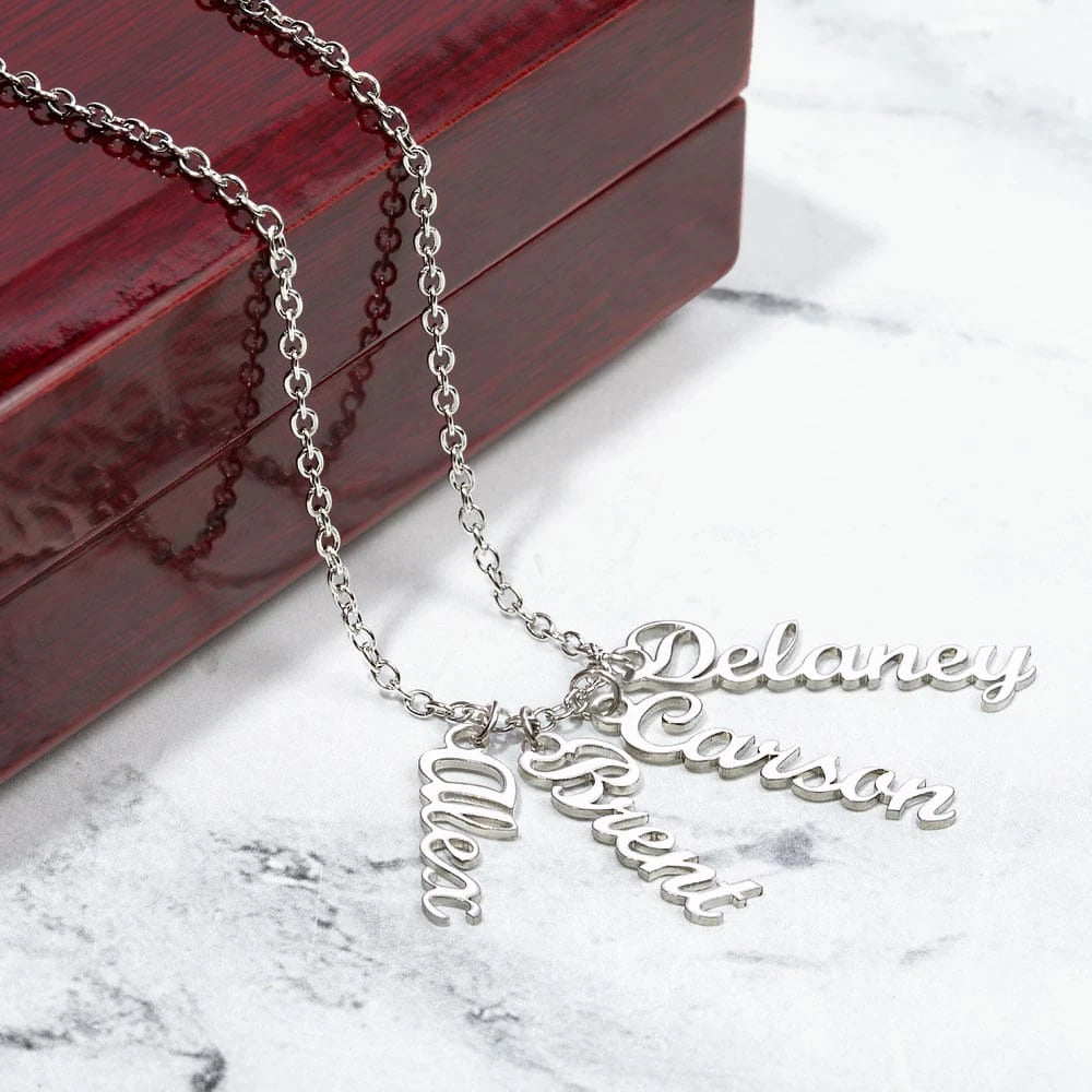 polished stainless steel personalized four vertical names necklace luxury box