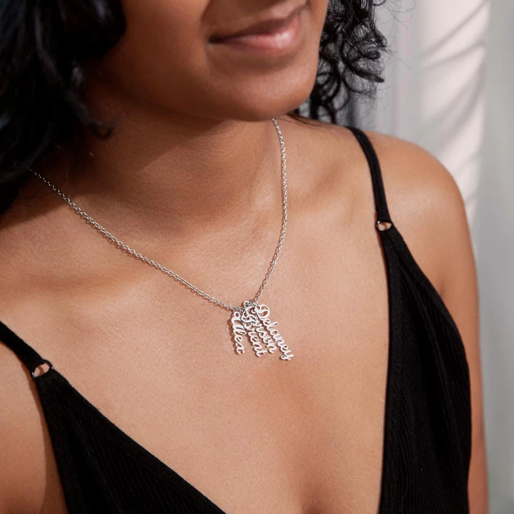 polished stainless steel personalized four vertical names necklace on neck