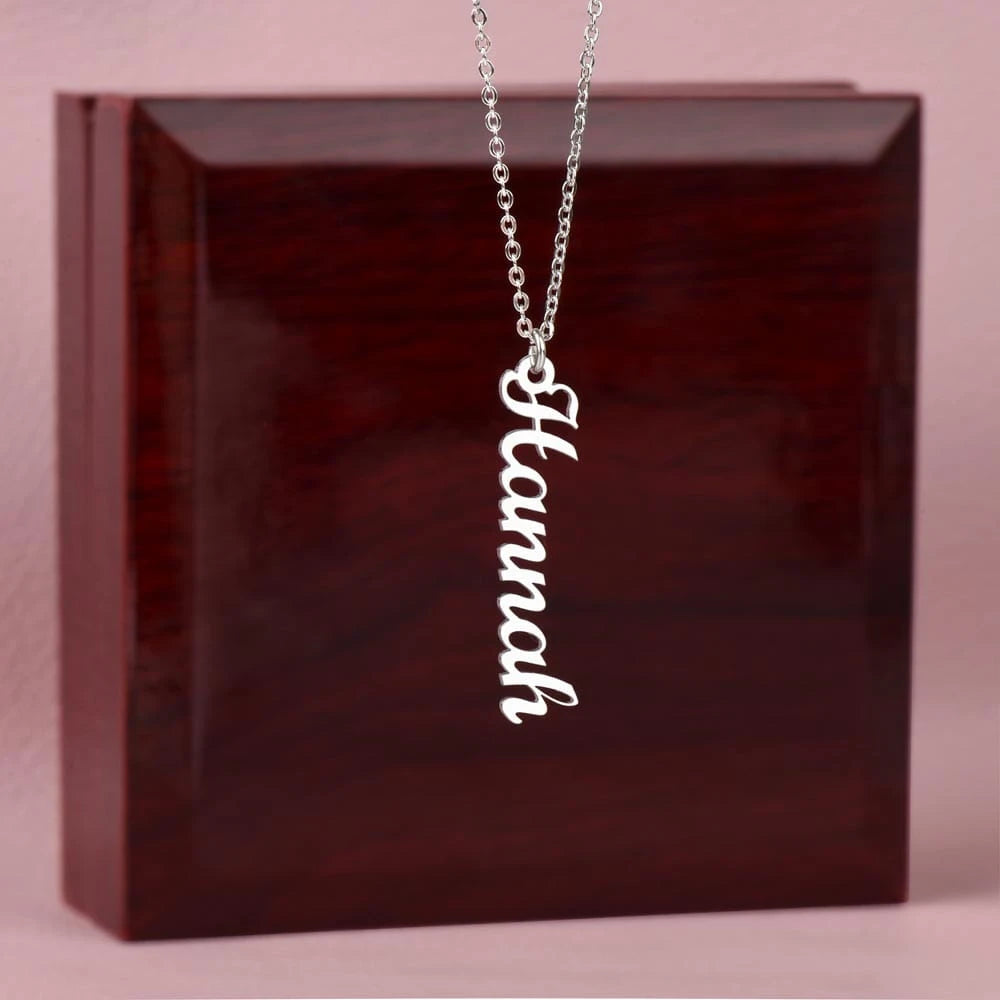 polished stainless steel personalized one vertical name necklace luxury box