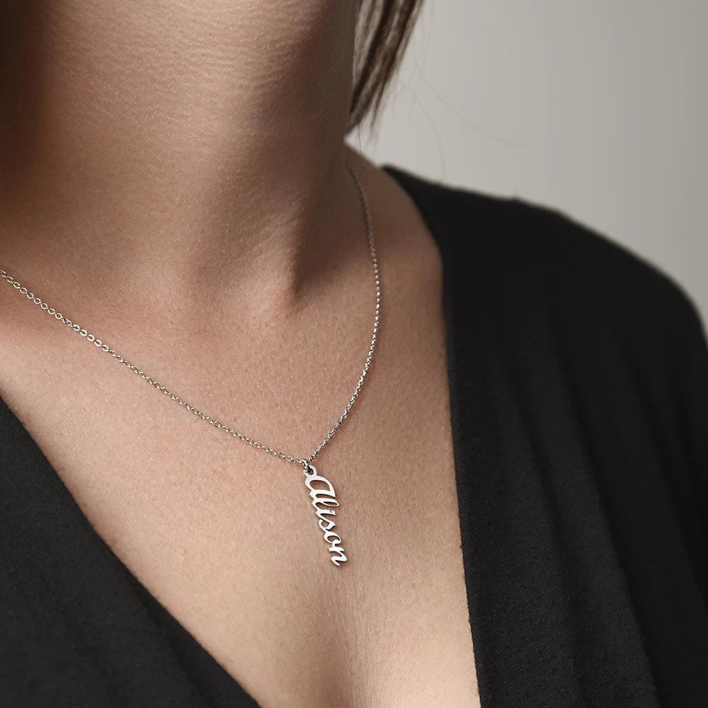 polished stainless steel personalized one vertical name necklace showcase o neck