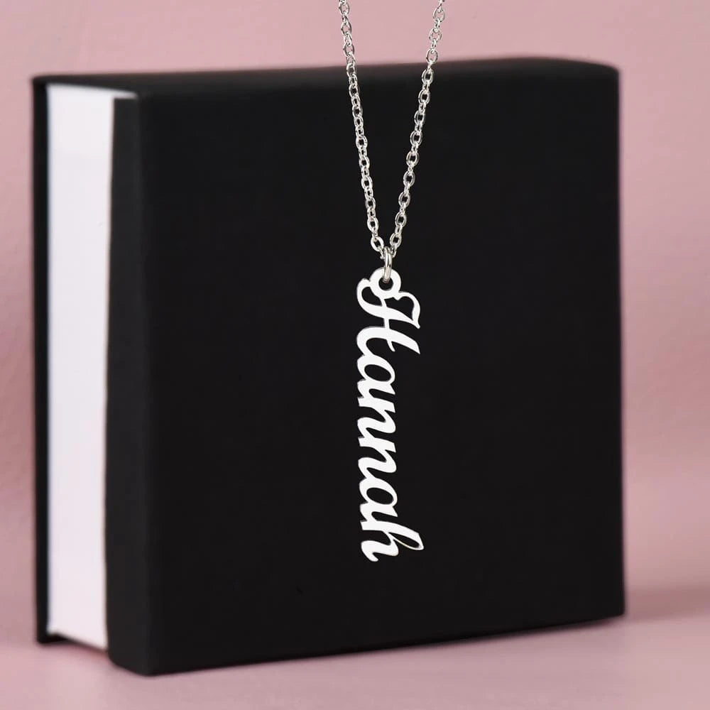 polished stainless steel personalized one vertical name necklace standard box