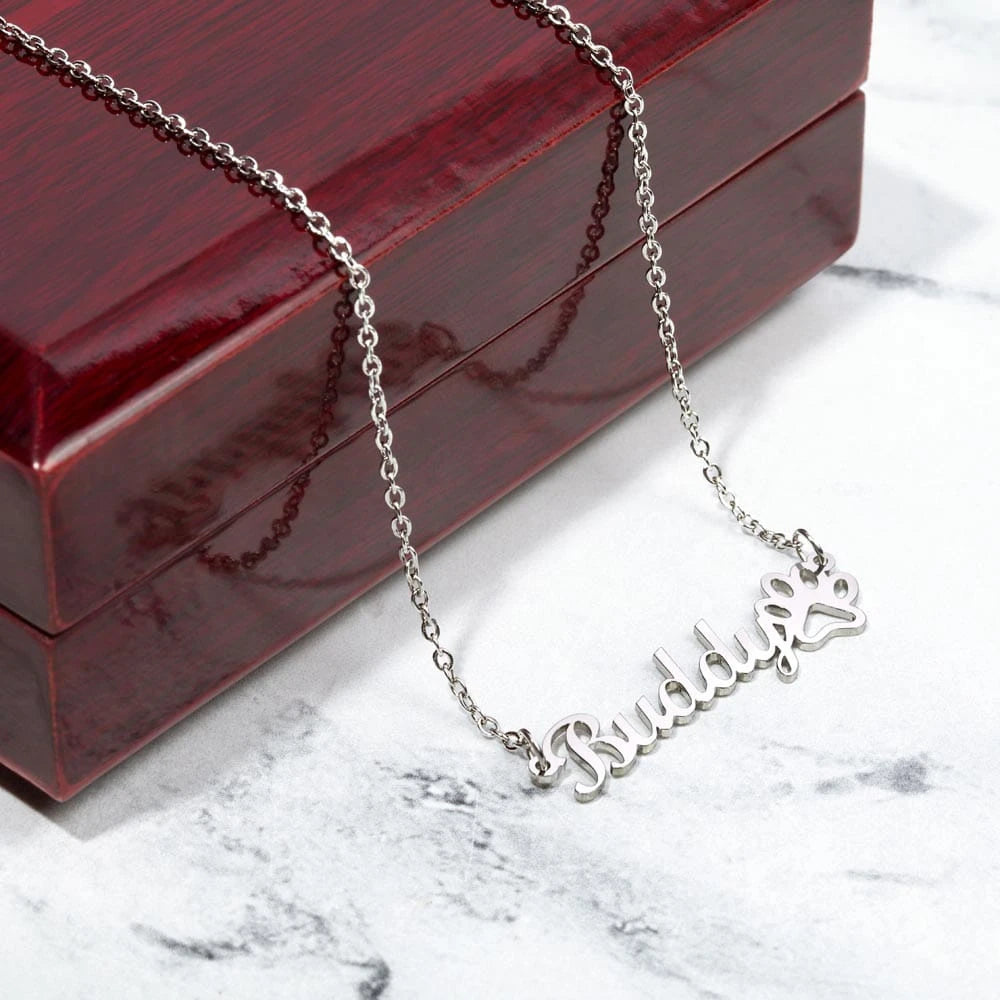 polished stainless steel personalized paw print name necklace for pet lover luxury box