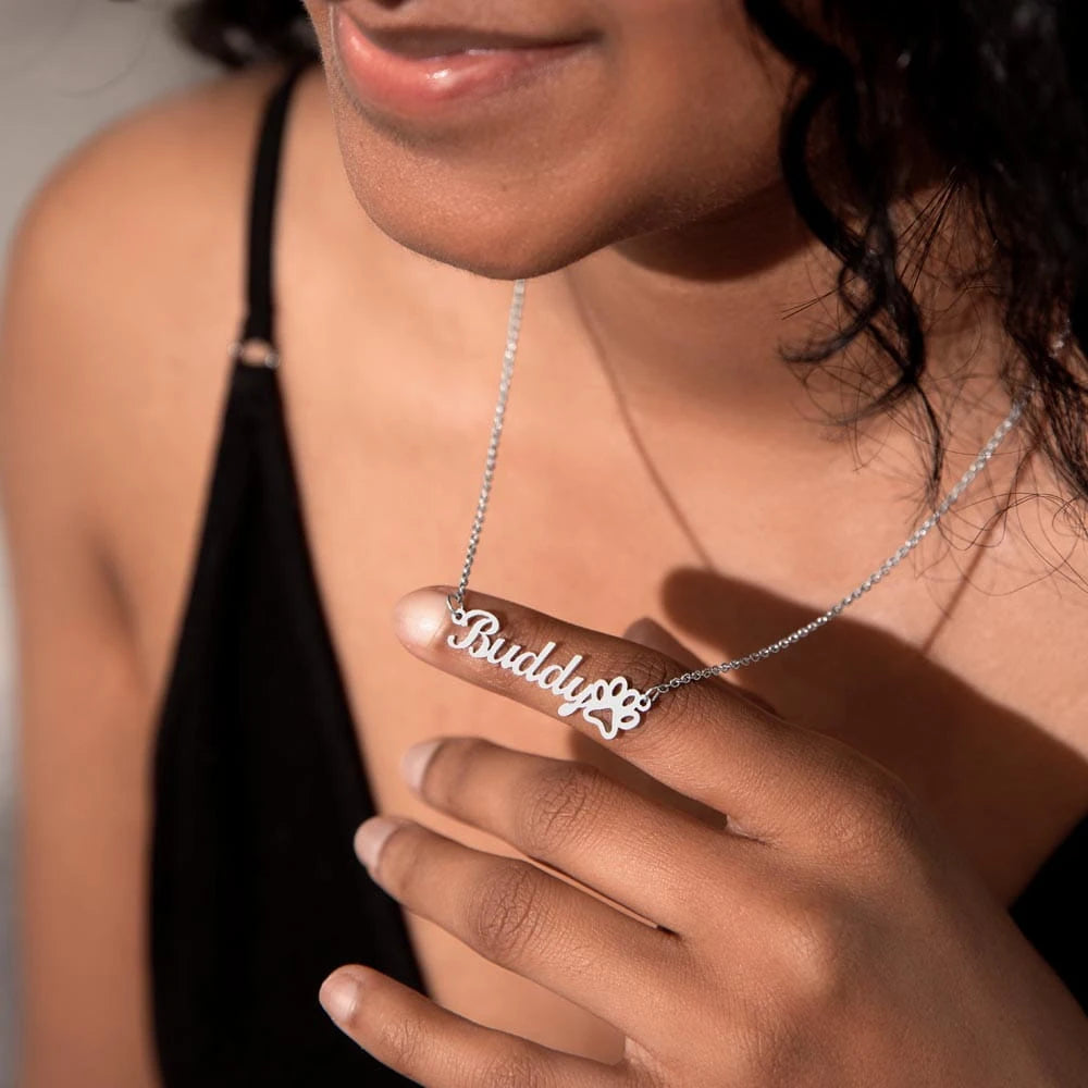 polished stainless steel personalized paw print name necklace for pet lover showcase